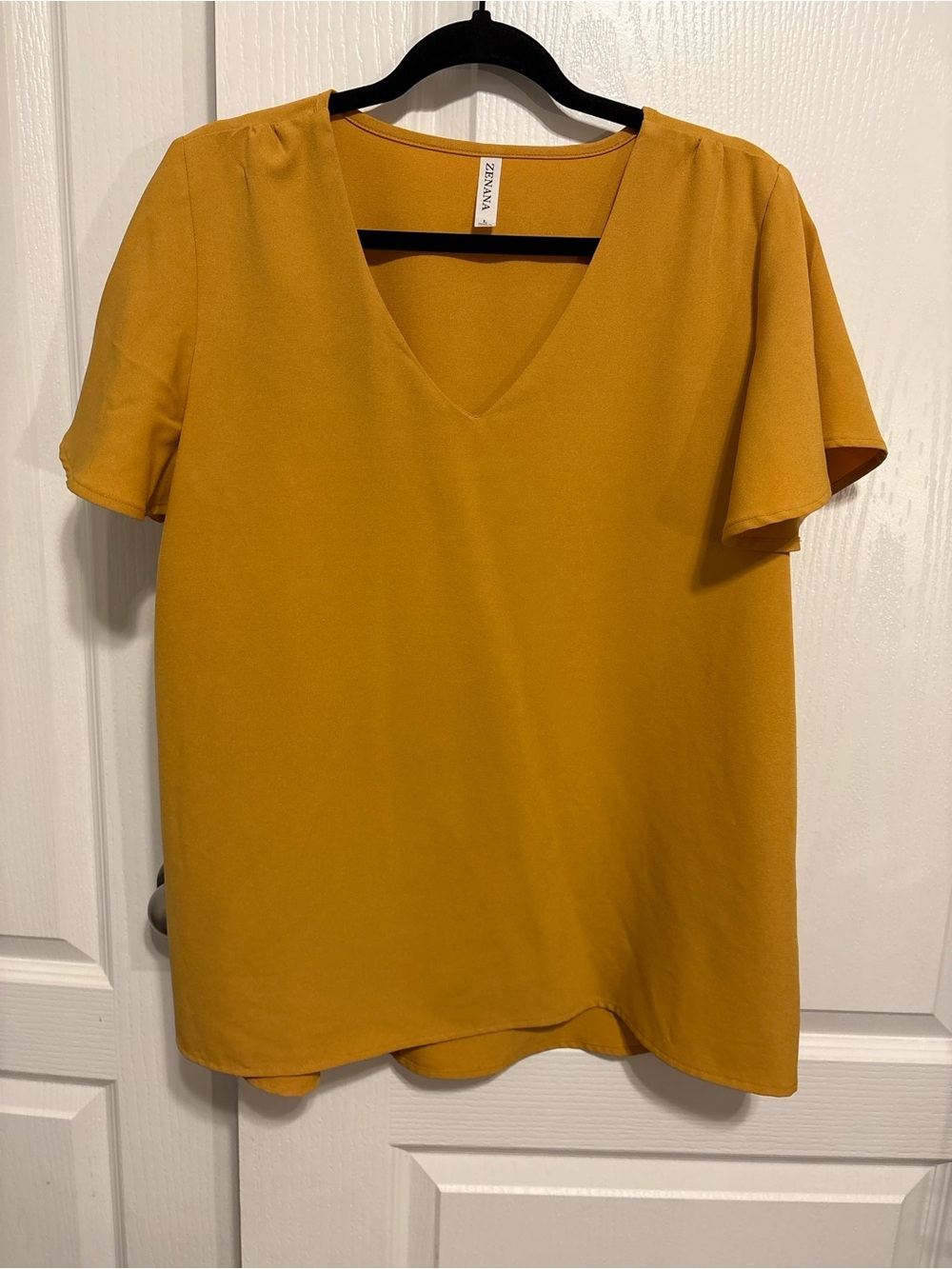 Zenana Mustard V-Neck Short Sleeve Blouse flowy sleeves.